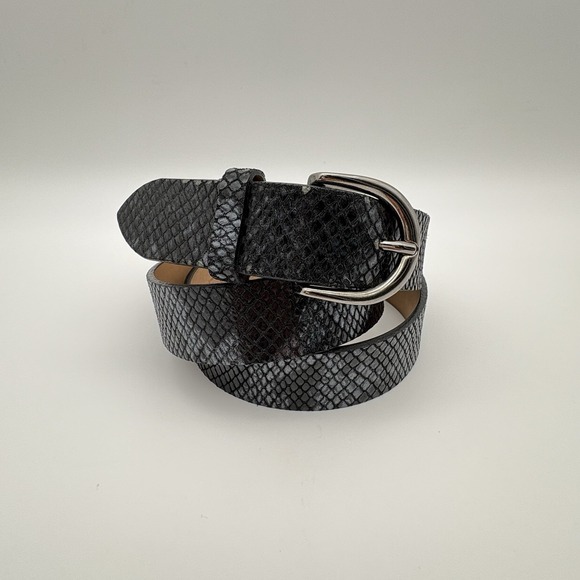 M Made In Italy Accessories - Caroll Calfskin  Embossed Python Effect Genuine Leather Belt Black Made In Italy